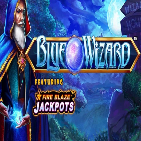 Official Slots logo: Blue Wizard Fire Blaze Jackpots by Rarestone Gaming at Spinfin Casino