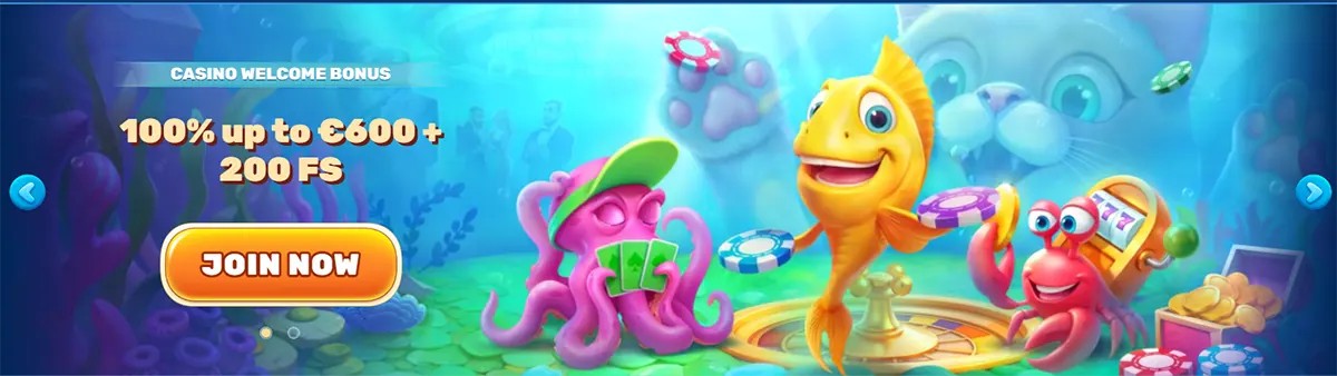 Promotional banner featuring an underwater theme with cartoon sea characters (fish, octopus, crab), advertising a casino welcome bonus of 100% up to €600 + 200 free spins, with a prominent “Join Now” call-to-action button