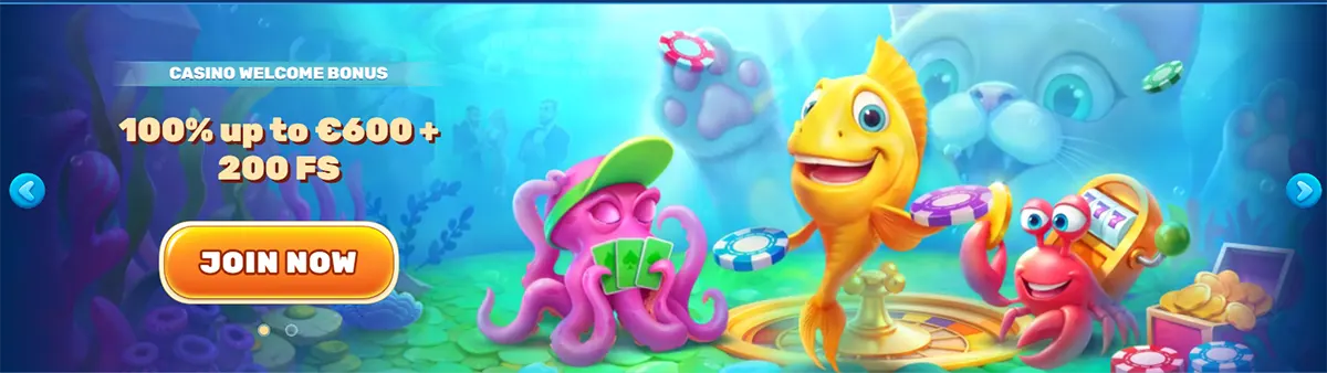 Promotional banner featuring an underwater theme with cartoon sea characters (fish, octopus, crab), advertising a casino welcome bonus of 100% up to €600 + 200 free spins, with a prominent “Join Now” call-to-action button