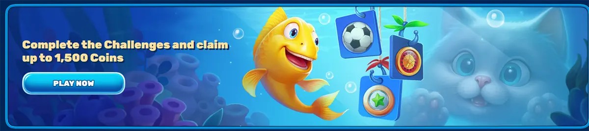 Promotional banner with an underwater theme featuring a cartoon fish mascot and hanging challenge icons, advertising rewards for completing challenges with up to 1,500 coins, and a “Play Now” call-to-action button