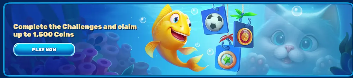 Promotional banner with an underwater theme featuring a cartoon fish mascot and hanging challenge icons, advertising rewards for completing challenges with up to 1,500 coins, and a “Play Now” call-to-action button