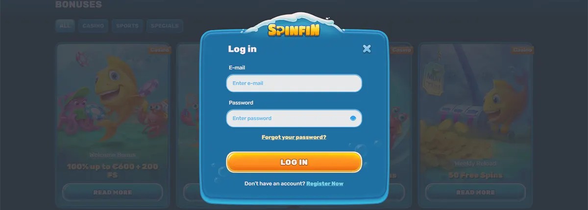 Casino login pop-up interface with email and password fields, a “Log In” button, and links for password recovery and account registration, displayed over a blurred bonus offers background