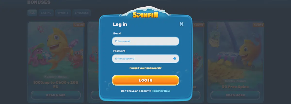 Casino login pop-up interface with email and password fields, a “Log In” button, and links for password recovery and account registration, displayed over a blurred bonus offers background